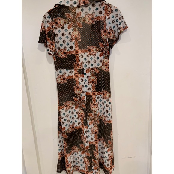 Amber Womens Patchwork Midi cardigan Dress S Brown Boho 70s Vibe Tie Front retro - Picture 4 of 7